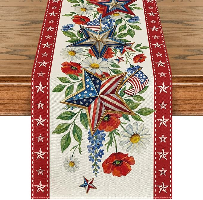 Artoid Mode American Flag Stars Flowers 210 GSM 4th of July Table Runner, Memorial Day Kitchen Dining Table Decoration for Home Party Decor 13x36 Inch