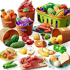 NIPLOOOW Play Food Set for Kids, Toddler Learning Toys, Cutting Food Toy Color Sorting Set, Pretend Food Play Kitchen Accessories for Kids, Birthday Gifts for 3-8 Years old Boys Girls Educational Toys